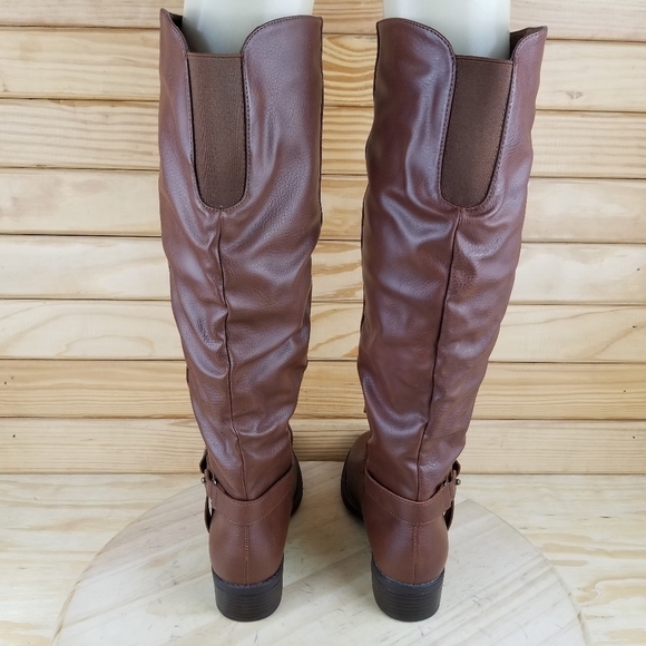 Apt 9 Knee High IRENE Fashion Boots Brown Cognac Faux Leather 1/4 Zip Women's 7W - Picture 5 of 12